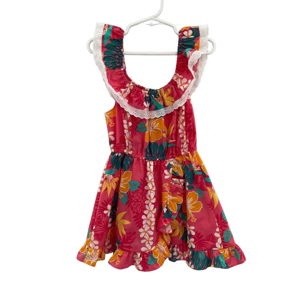 Vintage Nikky Hawaiian Dress Toddler Girls 4 Pink Floral Print Cotton Ruffle